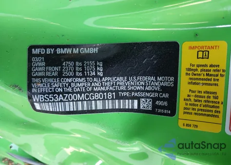 2021 BMW M4 z USA, uszkodzony, nr VIN WBS53AZ00MCG80181